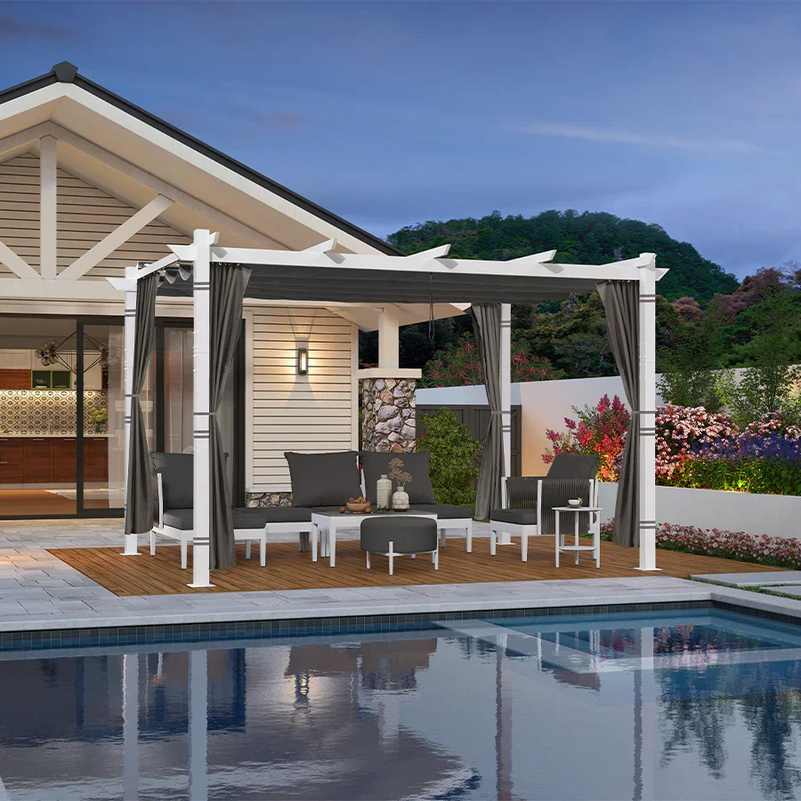 PURPLE LEAF Outdoor Retractable Pergola with Double Sun Shade Canopy White Heavy-Duty Aluminum Pergola Patio Modern Pergola With Curtains - Image 89
