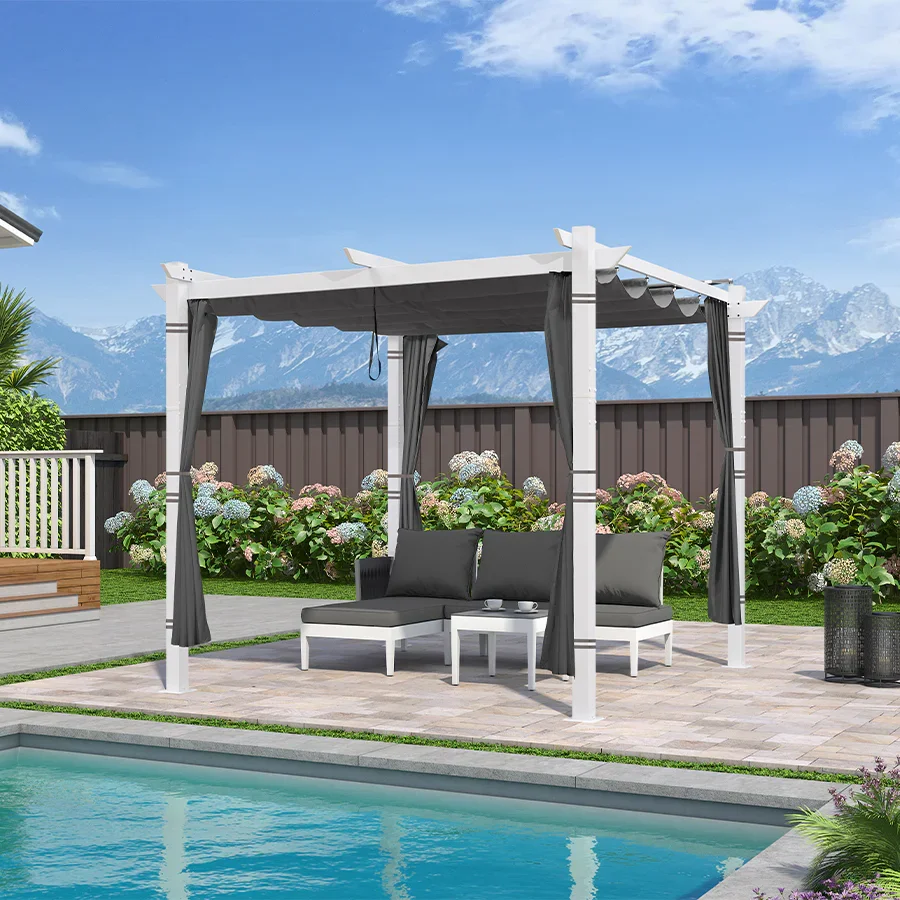 PURPLE LEAF Outdoor Retractable Pergola with Double Sun Shade Canopy White Heavy-Duty Aluminum Pergola Patio Modern Pergola With Curtains - Image 92