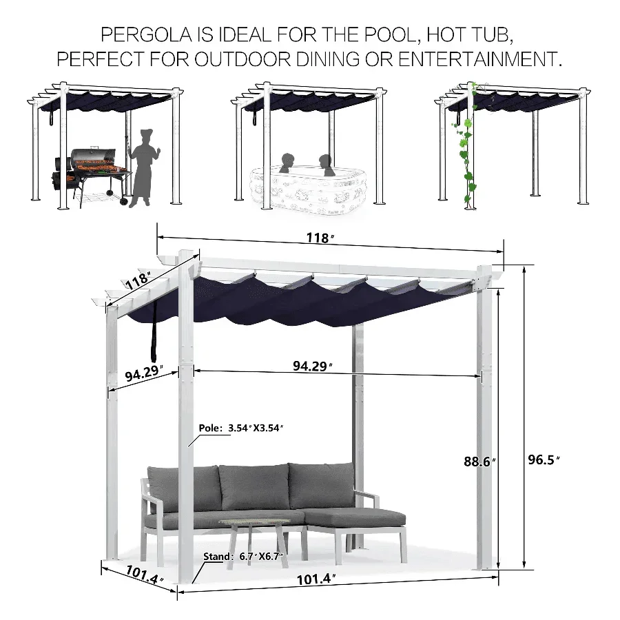 PURPLE LEAF Outdoor Retractable Pergola with Sun Shade Canopy Cover White Patio Metal Shelter for Garden Pavilion Grill Gazebo Grape Trellis Pergola - Image 11