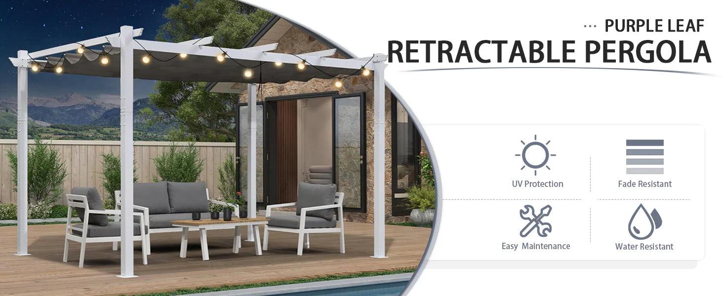 PURPLE LEAF Outdoor Retractable Pergola with Sun Shade Canopy Cover White Patio Metal Shelter for Garden With Curtains - Image 87