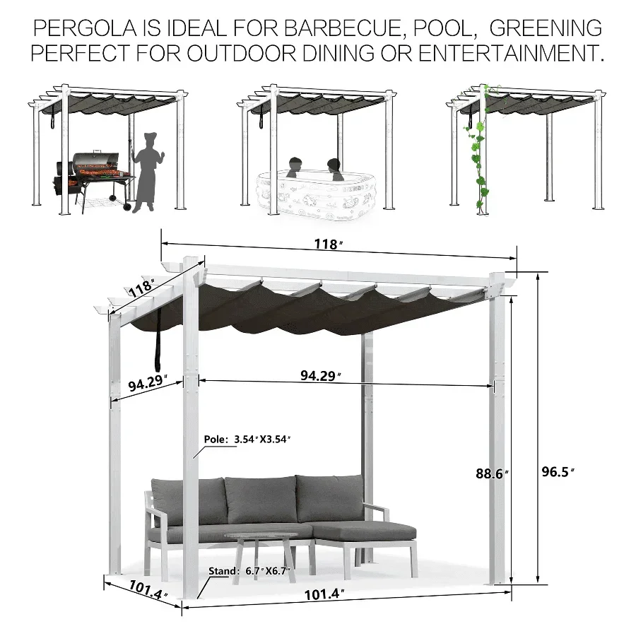 PURPLE LEAF Outdoor Retractable Pergola with Sun Shade Canopy Cover White Patio Metal Shelter for Garden Pavilion Grill Gazebo Grape Trellis Pergola - Image 16