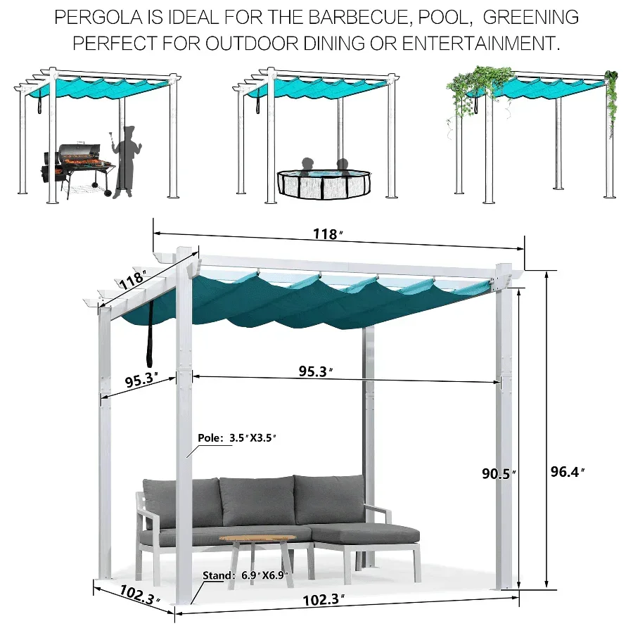 PURPLE LEAF Outdoor Retractable Pergola with Sun Shade Canopy Cover White Patio Metal Shelter for Garden Pavilion Grill Gazebo Grape Trellis Pergola - Image 22
