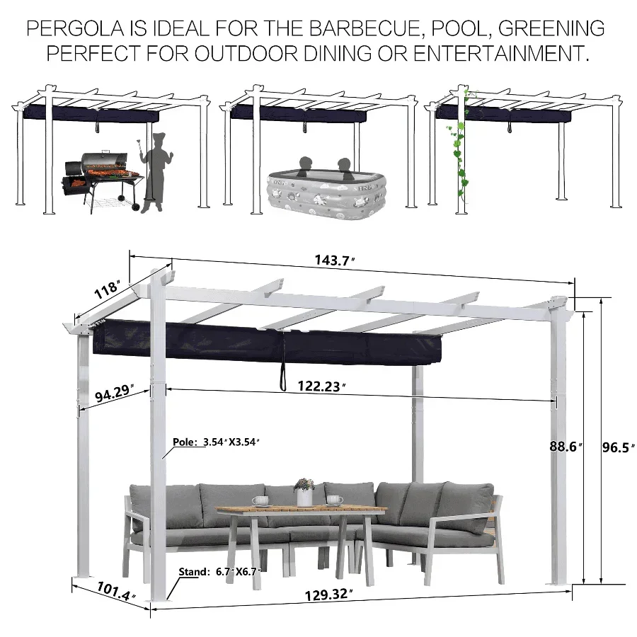 PURPLE LEAF Outdoor Retractable Pergola with Sun Shade Canopy Cover White Patio Metal Shelter for Garden Pavilion Grill Gazebo Grape Trellis Pergola - Image 27