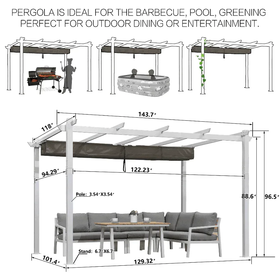 PURPLE LEAF Outdoor Retractable Pergola with Sun Shade Canopy Cover White Patio Metal Shelter for Garden Pavilion Grill Gazebo Grape Trellis Pergola - Image 30
