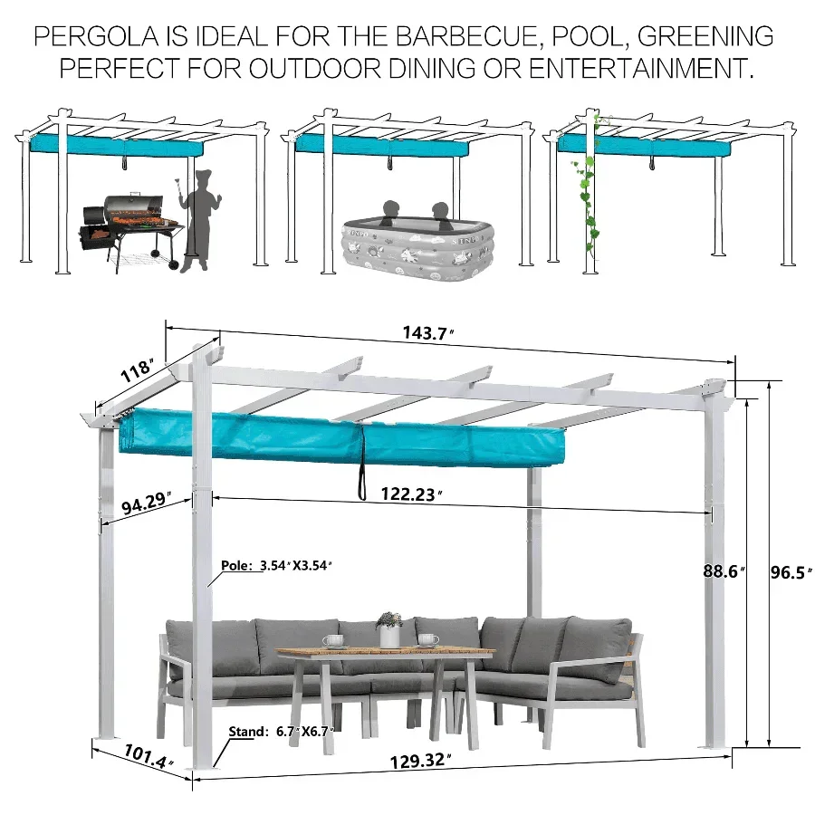 PURPLE LEAF Outdoor Retractable Pergola with Sun Shade Canopy Cover White Patio Metal Shelter for Garden Pavilion Grill Gazebo Grape Trellis Pergola - Image 37