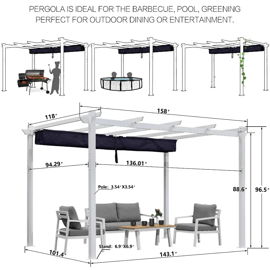 PURPLE LEAF Outdoor Retractable Pergola with Sun Shade Canopy Cover White Patio Metal Shelter for Garden Pavilion Grill Gazebo Grape Trellis Pergola - Image 39