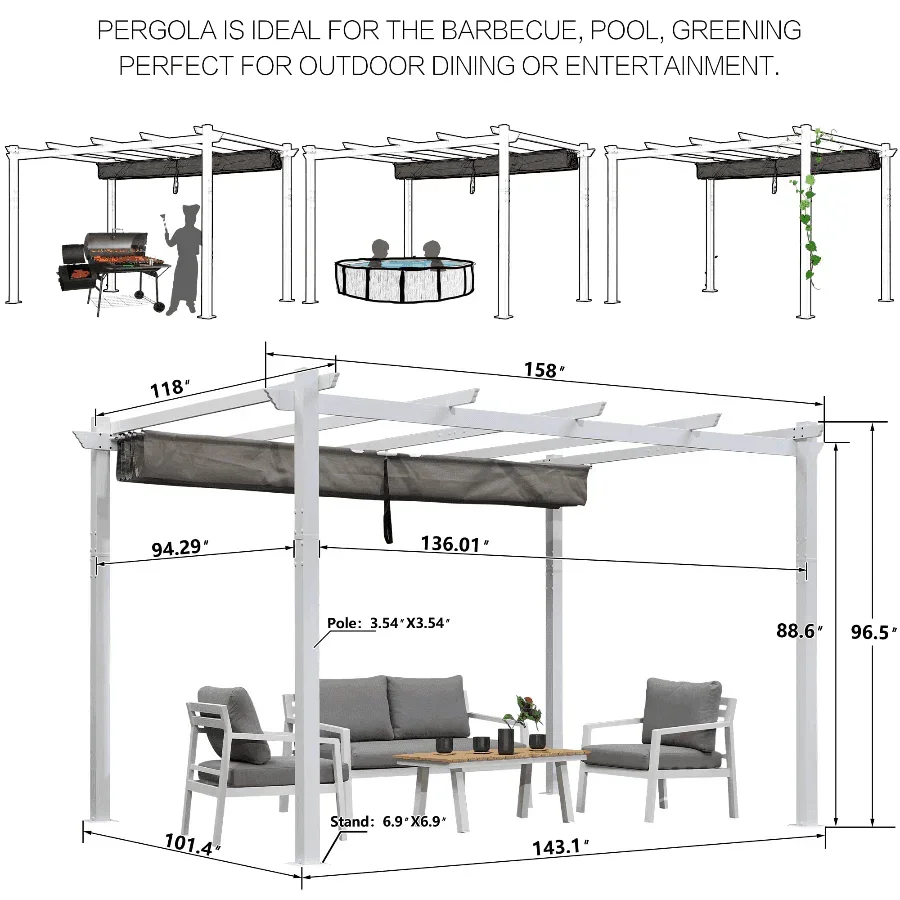 PURPLE LEAF Outdoor Retractable Pergola with Sun Shade Canopy Cover White Patio Metal Shelter for Garden Pavilion Grill Gazebo Grape Trellis Pergola - Image 44
