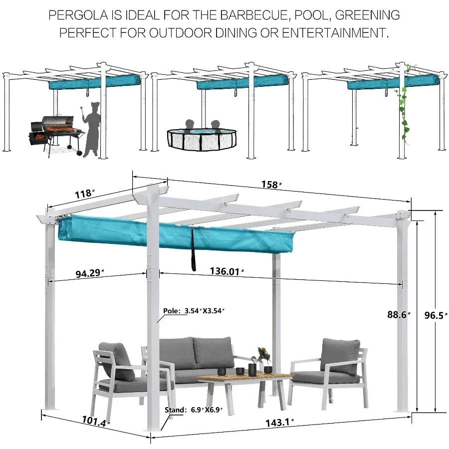 PURPLE LEAF Outdoor Retractable Pergola with Sun Shade Canopy Cover White Patio Metal Shelter for Garden Pavilion Grill Gazebo Grape Trellis Pergola - Image 47