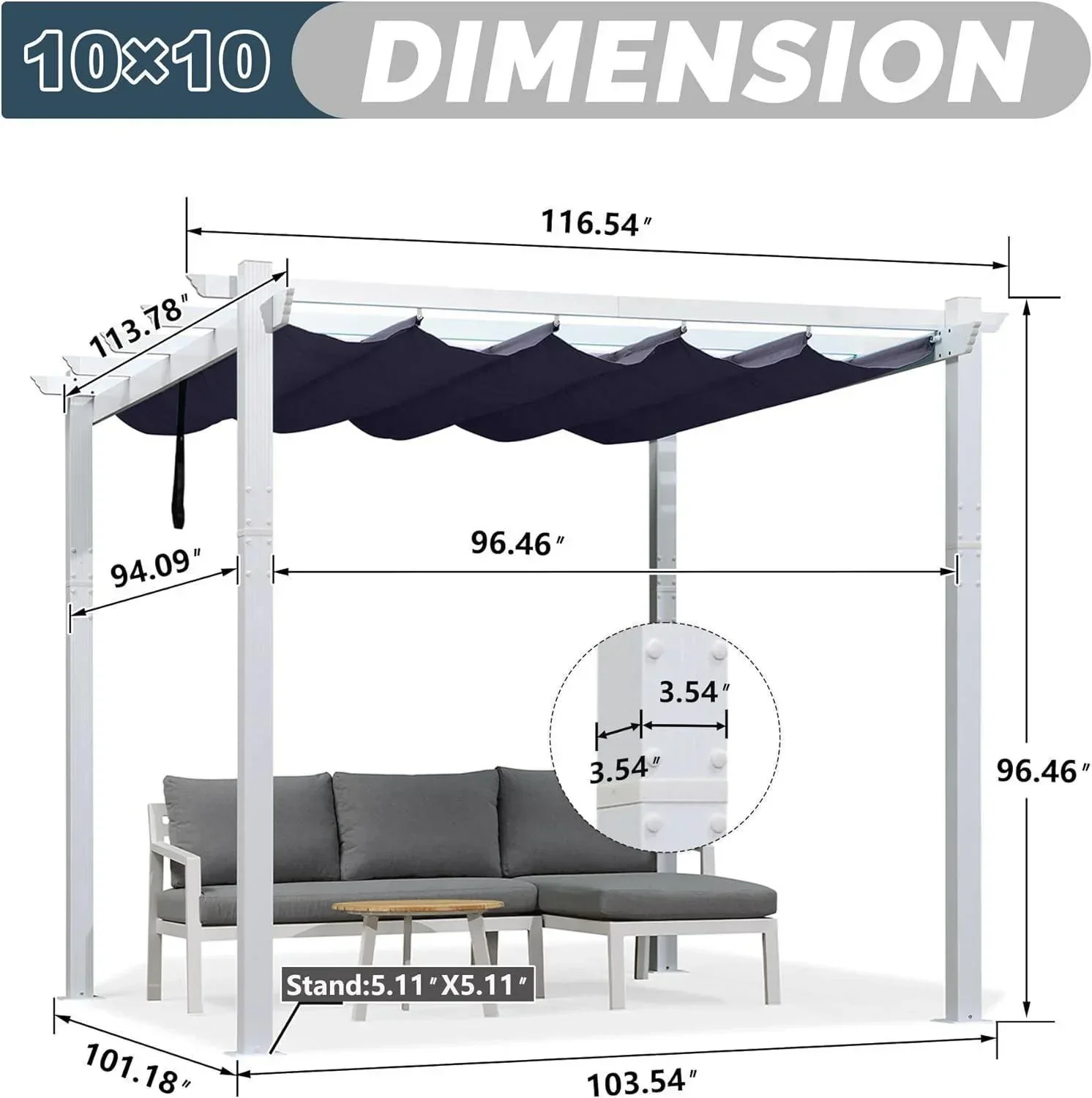 PURPLE LEAF Outdoor Retractable Pergola with Sun Shade Canopy Cover White Patio Metal Shelter for Garden Pavilion Grill Gazebo Grape Trellis Pergola - Image 72