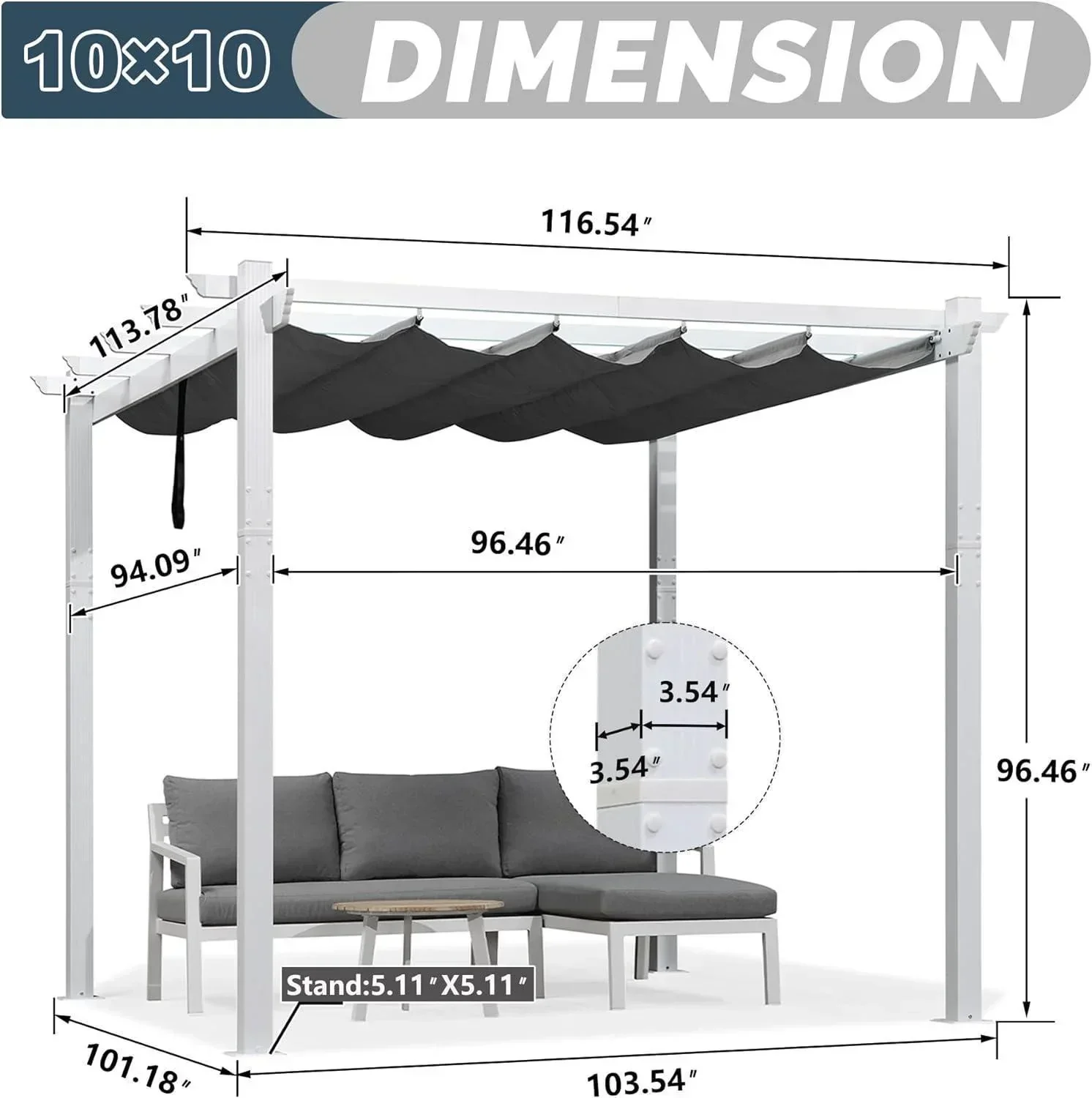 PURPLE LEAF Outdoor Retractable Pergola with Sun Shade Canopy Cover White Patio Metal Shelter for Garden Pavilion Grill Gazebo Grape Trellis Pergola - Image 75