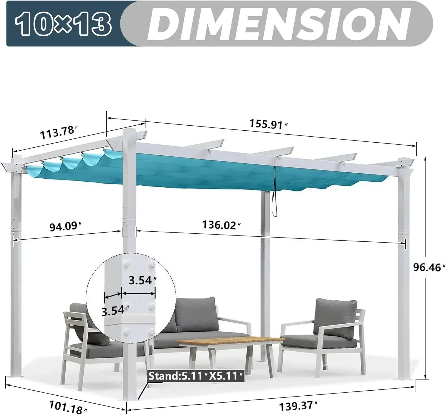 PURPLE LEAF Outdoor Retractable Pergola with Sun Shade Canopy Cover White Patio Metal Shelter for Garden Pavilion Grill Gazebo Grape Trellis Pergola - Image 79
