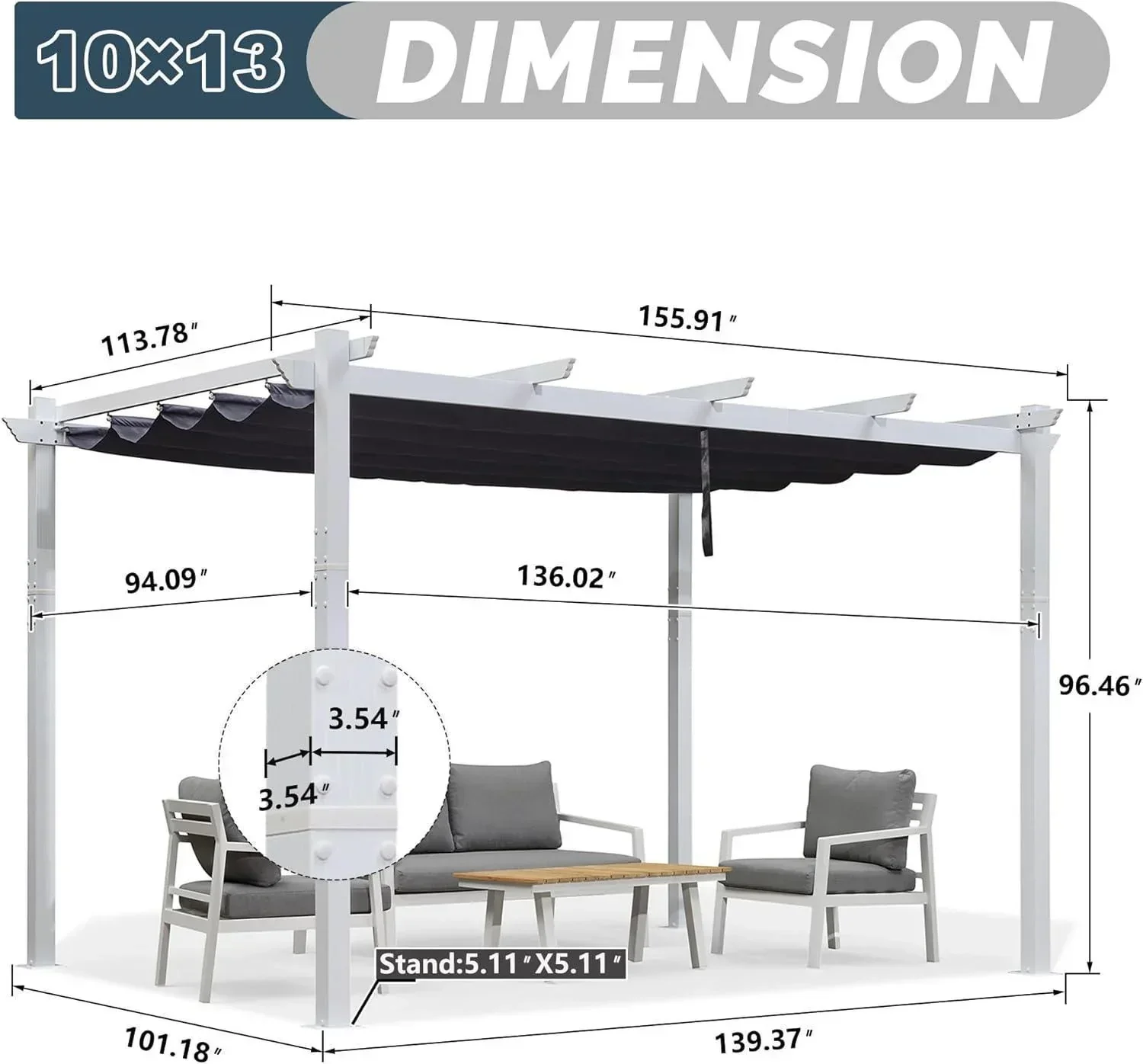 PURPLE LEAF Outdoor Retractable Pergola with Sun Shade Canopy Cover White Patio Metal Shelter for Garden Pavilion Grill Gazebo Grape Trellis Pergola - Image 87