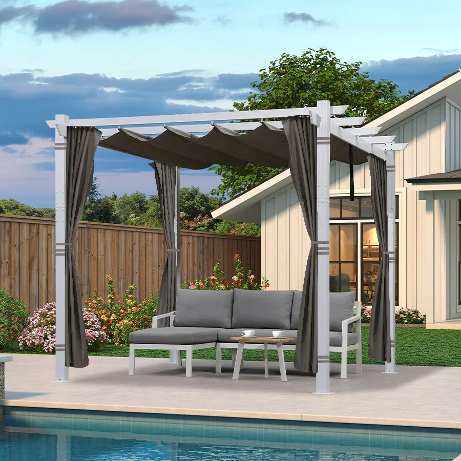 PURPLE LEAF Outdoor Retractable Pergola with Sun Shade Canopy Cover White Patio Metal Shelter for Garden With Curtains - Image 100