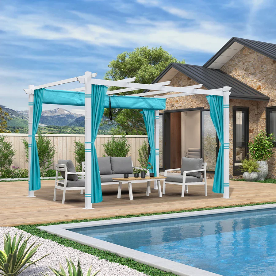 PURPLE LEAF Outdoor Retractable Pergola with Sun Shade Canopy Cover White Patio Metal Shelter for Garden With Curtains - Image 92