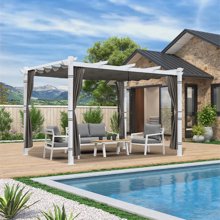 PURPLE LEAF Outdoor Retractable Pergola with Sun Shade Canopy Cover White Patio Metal Shelter for Garden With Curtains - Image 95
