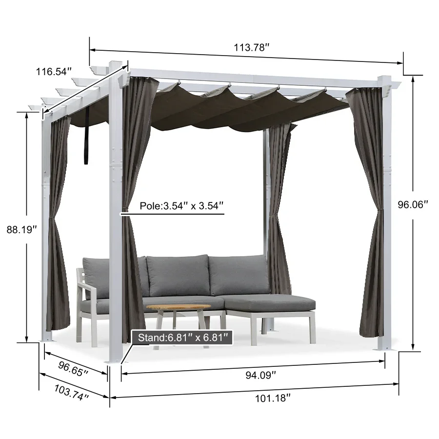 PURPLE LEAF Outdoor Retractable Pergola with Sun Shade Canopy Cover White Patio Metal Shelter for Garden With Curtains - Image 97