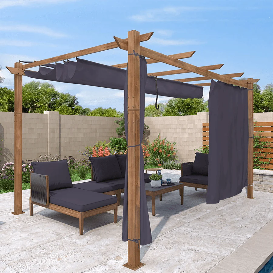 PURPLE LEAF Outdoor Retractable Pergola with Sun Shade Canopy In Natural Wood Grain Frame With Curtains - Image 101