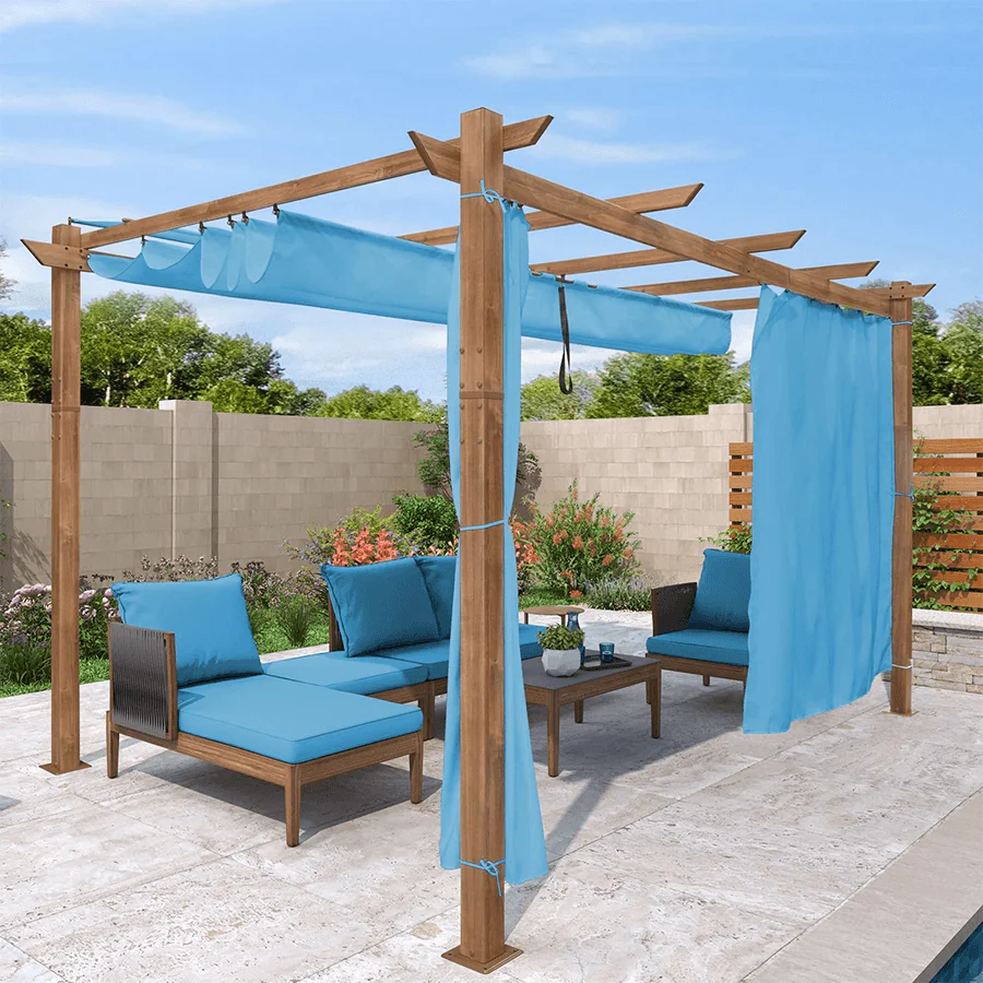 PURPLE LEAF Outdoor Retractable Pergola with Sun Shade Canopy In Natural Wood Grain Frame With Curtains - Image 102
