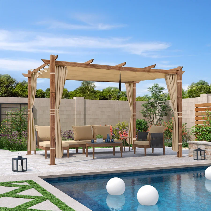 PURPLE LEAF Outdoor Retractable Pergola with Sun Shade Canopy In Natural Wood Grain Frame With Curtains - Image 116