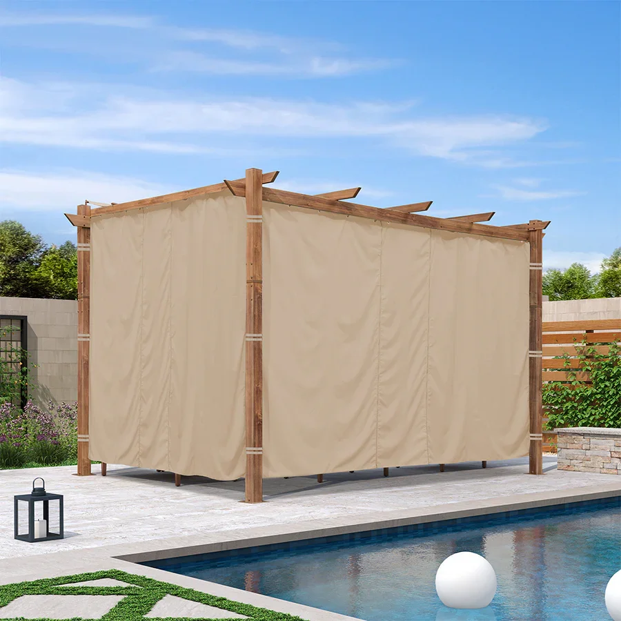 PURPLE LEAF Outdoor Retractable Pergola with Sun Shade Canopy In Natural Wood Grain Frame With Curtains - Image 117