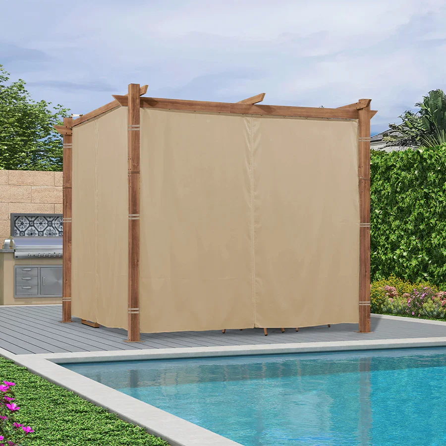 PURPLE LEAF Outdoor Retractable Pergola with Sun Shade Canopy In Natural Wood Grain Frame With Curtains - Image 118