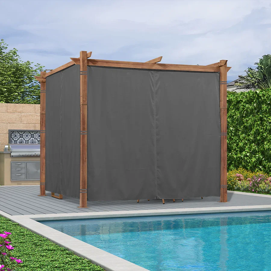 PURPLE LEAF Outdoor Retractable Pergola with Sun Shade Canopy In Natural Wood Grain Frame With Curtains - Image 119