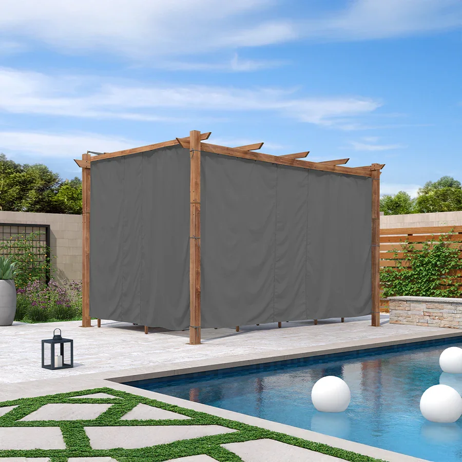 PURPLE LEAF Outdoor Retractable Pergola with Sun Shade Canopy In Natural Wood Grain Frame With Curtains - Image 120