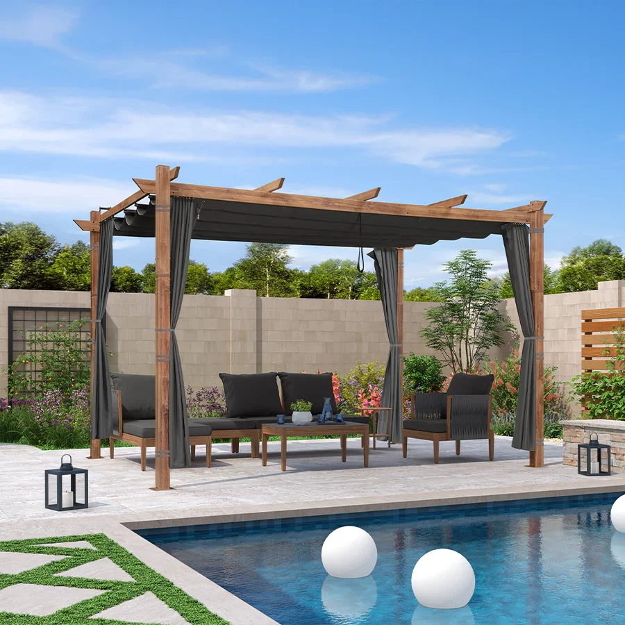 PURPLE LEAF Outdoor Retractable Pergola with Sun Shade Canopy In Natural Wood Grain Frame With Curtains - Image 121