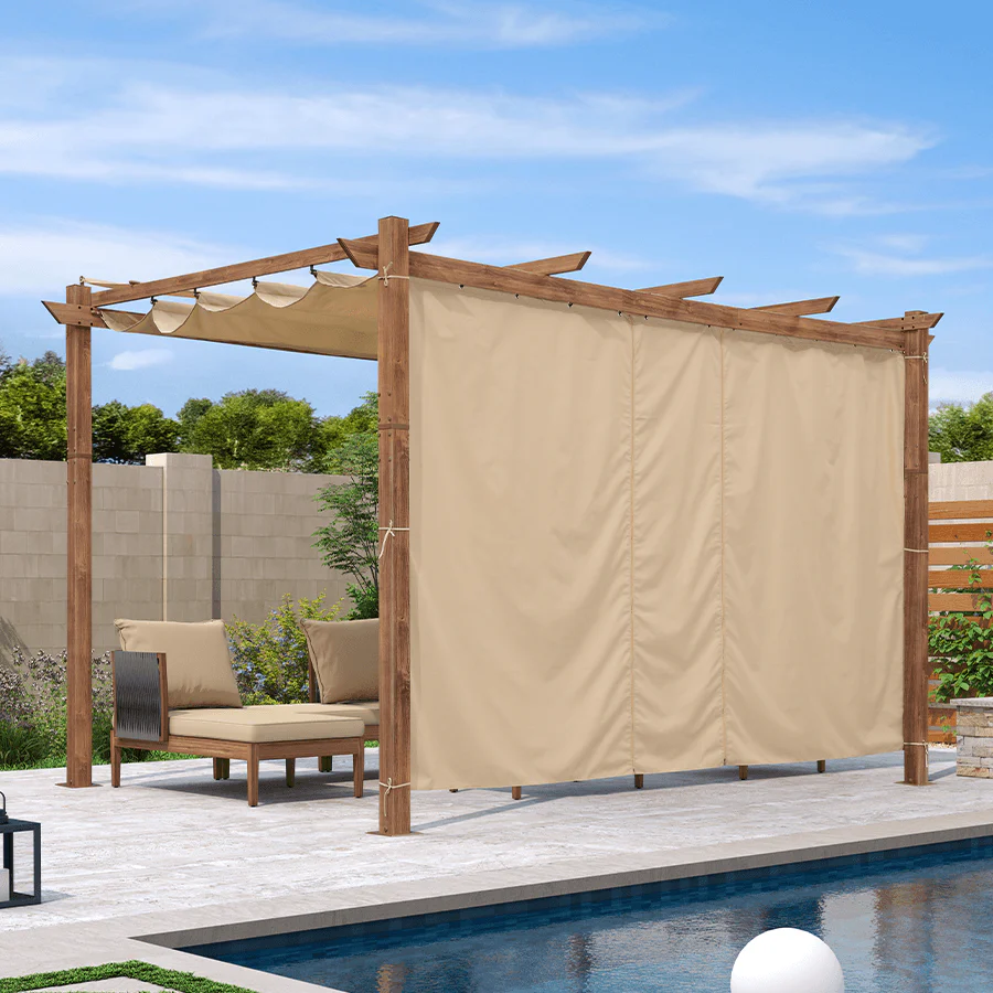 PURPLE LEAF Outdoor Retractable Pergola with Sun Shade Canopy In Natural Wood Grain Frame With Curtains - Image 3