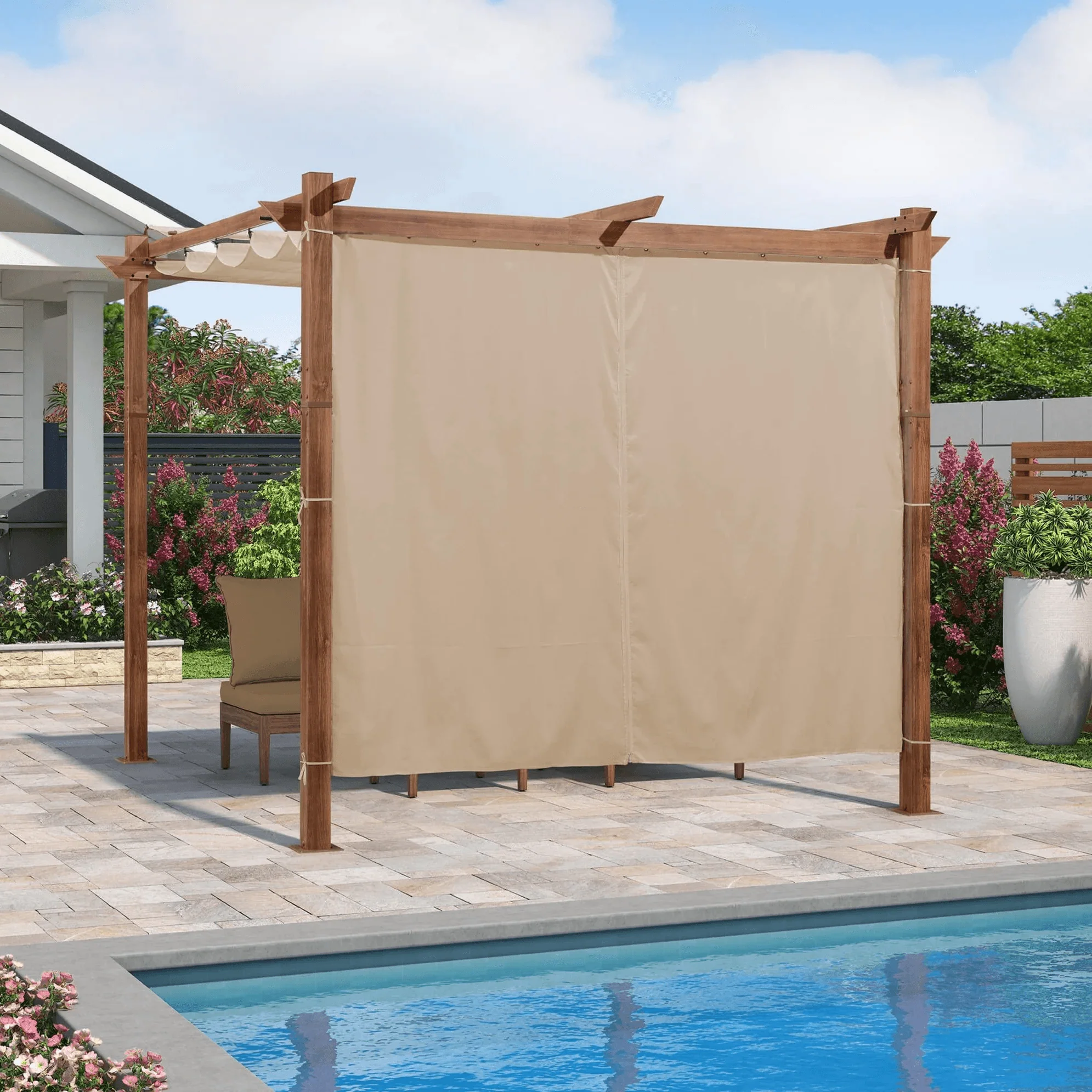 PURPLE LEAF Outdoor Retractable Pergola with Sun Shade Canopy In Natural Wood Grain Frame With Curtains - Image 4