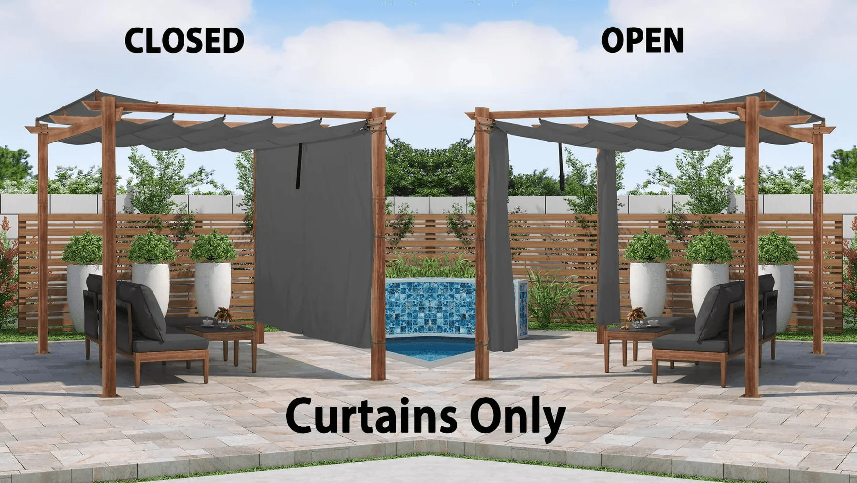 PURPLE LEAF Outdoor Retractable Pergola with Sun Shade Canopy In Natural Wood Grain Frame With Curtains - Image 84