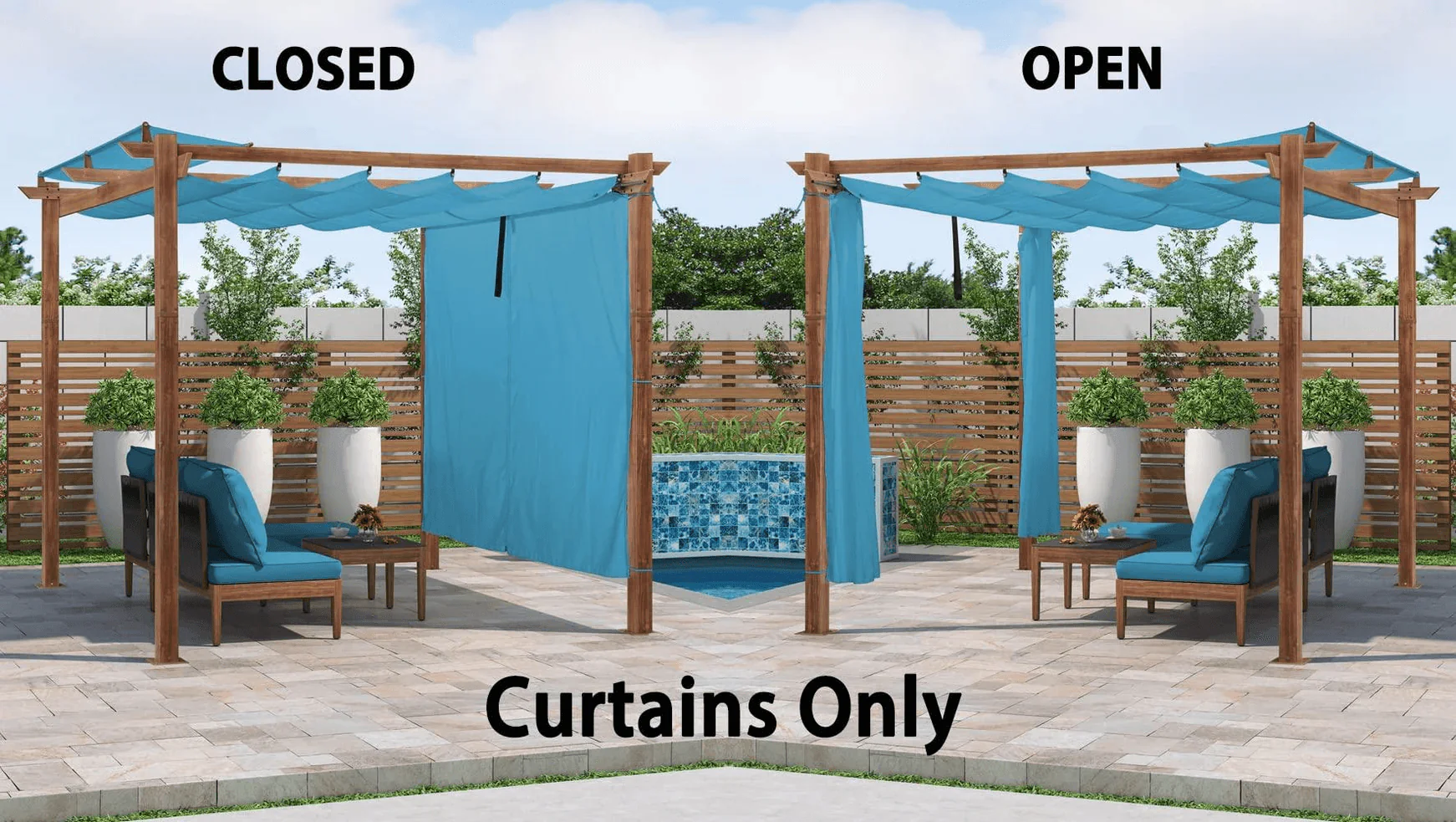 PURPLE LEAF Outdoor Retractable Pergola with Sun Shade Canopy In Natural Wood Grain Frame With Curtains - Image 87