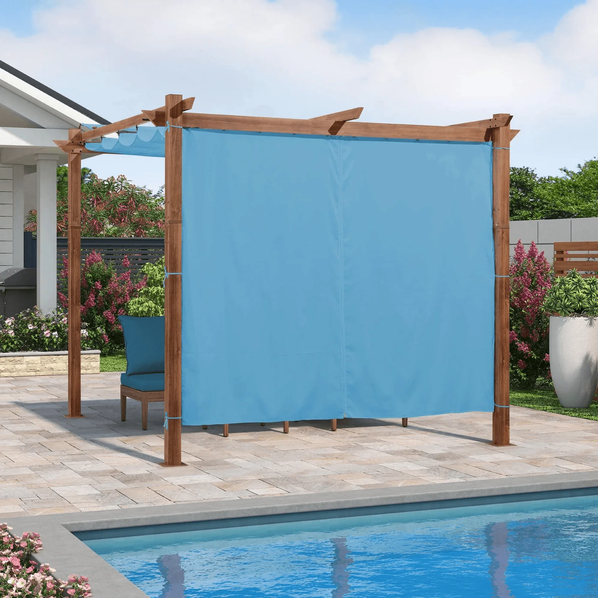 PURPLE LEAF Outdoor Retractable Pergola with Sun Shade Canopy In Natural Wood Grain Frame With Curtains - Image 89