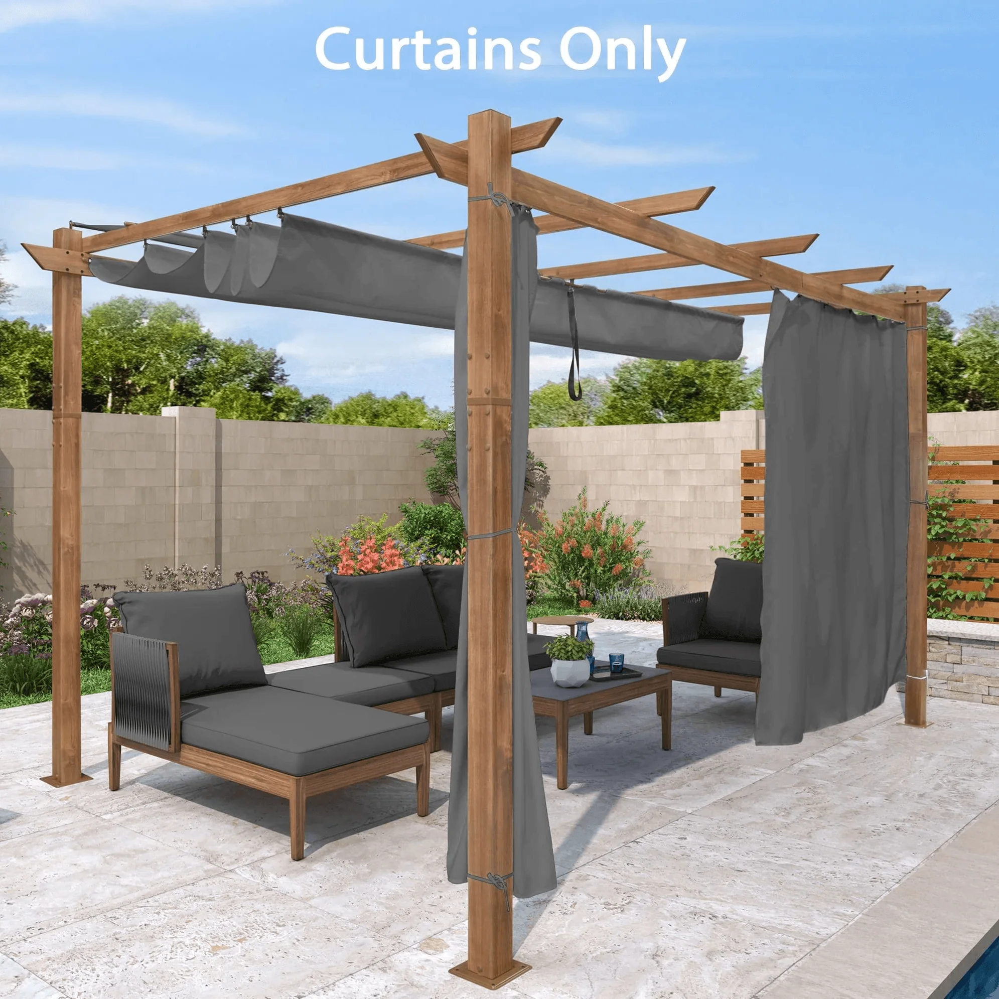 PURPLE LEAF Outdoor Retractable Pergola with Sun Shade Canopy In Natural Wood Grain Frame With Curtains - Image 92