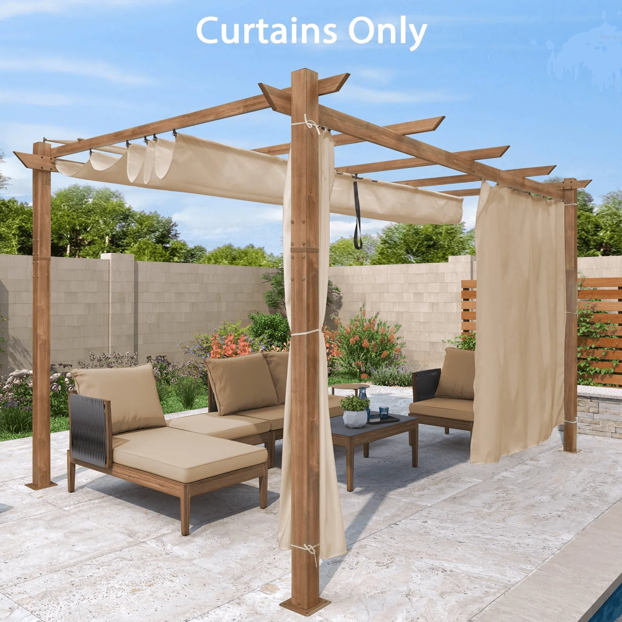 PURPLE LEAF Outdoor Retractable Pergola with Sun Shade Canopy In Natural Wood Grain Frame With Curtains - Image 94