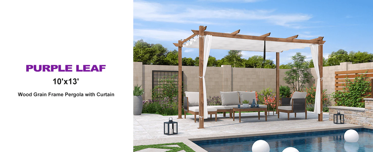 PURPLE LEAF Outdoor Retractable Pergola with Sun Shade Canopy In Natural Wood Grain Frame With Curtains - Image 96