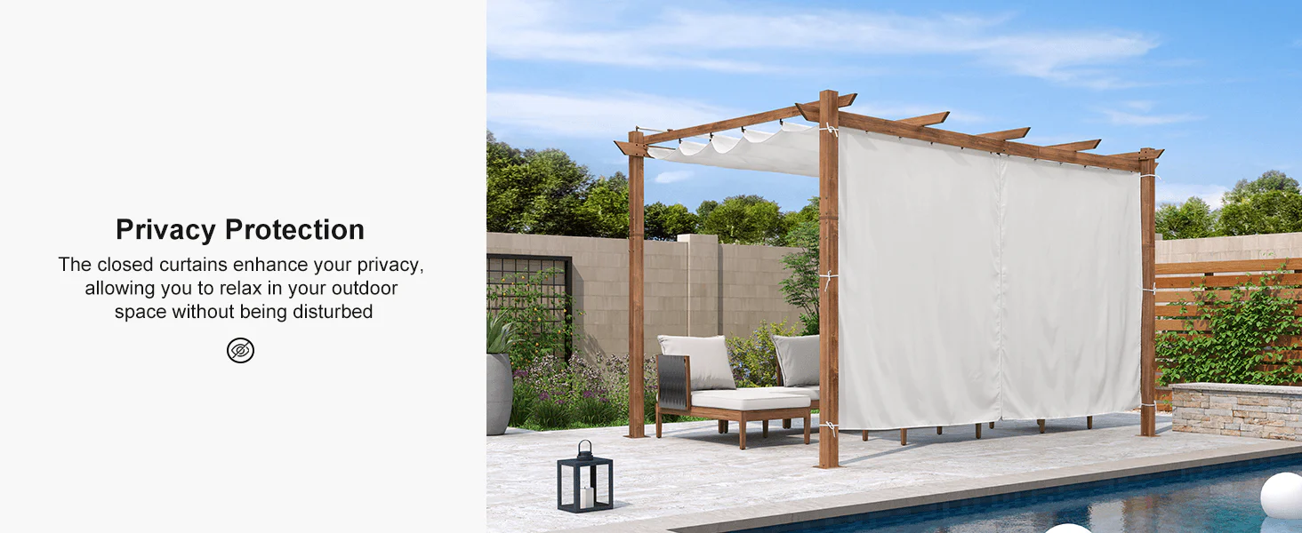 PURPLE LEAF Outdoor Retractable Pergola with Sun Shade Canopy In Natural Wood Grain Frame With Curtains - Image 97