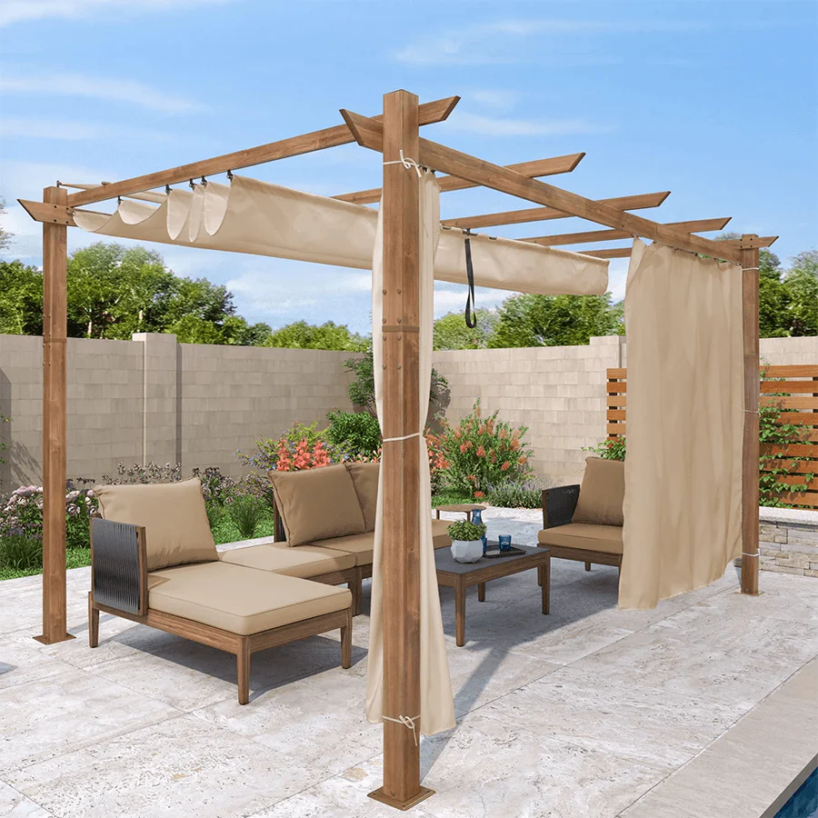 PURPLE LEAF Outdoor Retractable Pergola with Sun Shade Canopy In Natural Wood Grain Frame With Curtains - Image 98