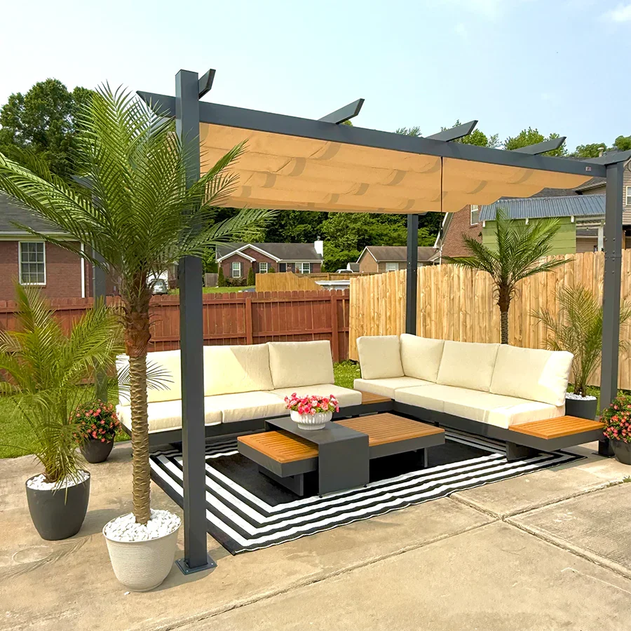 PURPLE LEAF Outdoor Retractable Pergola with Sun Shade Canopy Patio Aluminum Pergola With Curtains - Image 154