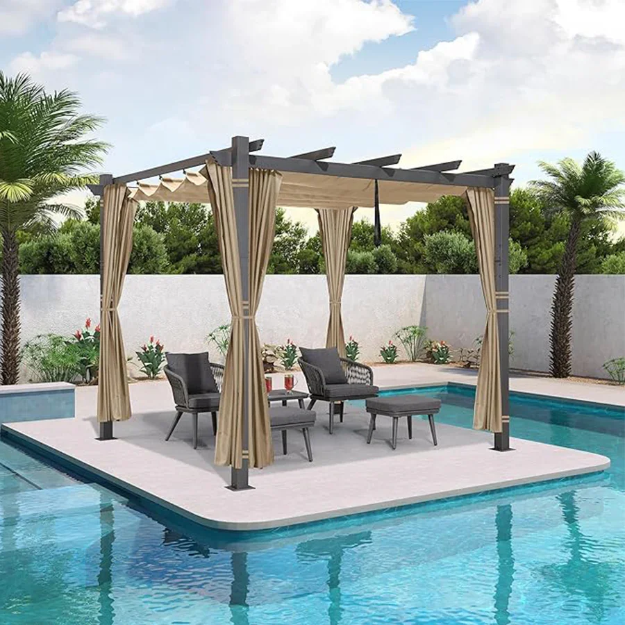 PURPLE LEAF Outdoor Retractable Pergola with Sun Shade Canopy Patio Aluminum Pergola With Curtains - Image 163