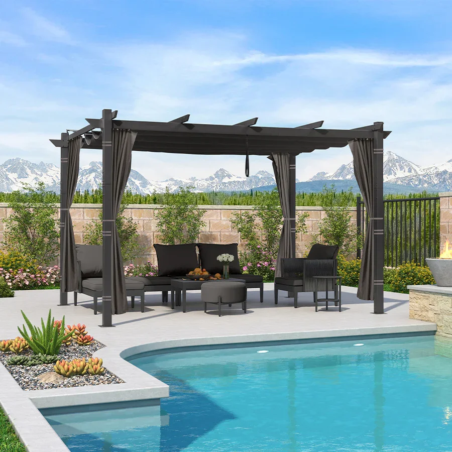 PURPLE LEAF Outdoor Retractable Pergola with Sun Shade Canopy Patio Aluminum Pergola With Curtains - Image 165