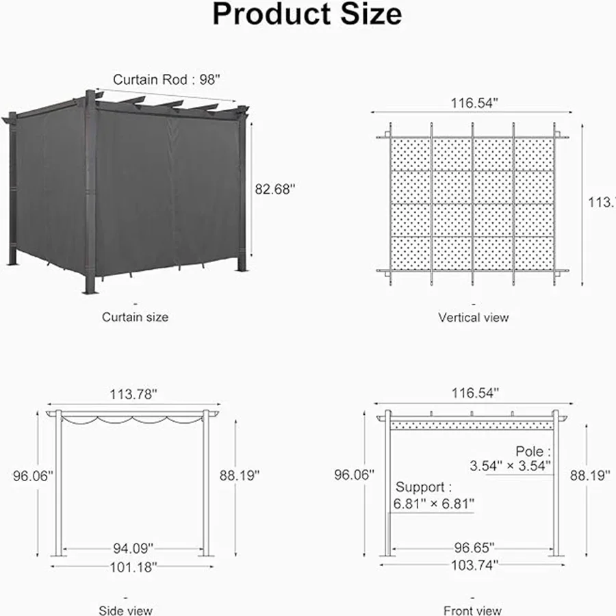 PURPLE LEAF Outdoor Retractable Pergola with Sun Shade Canopy Patio Aluminum Pergola With Curtains - Image 168