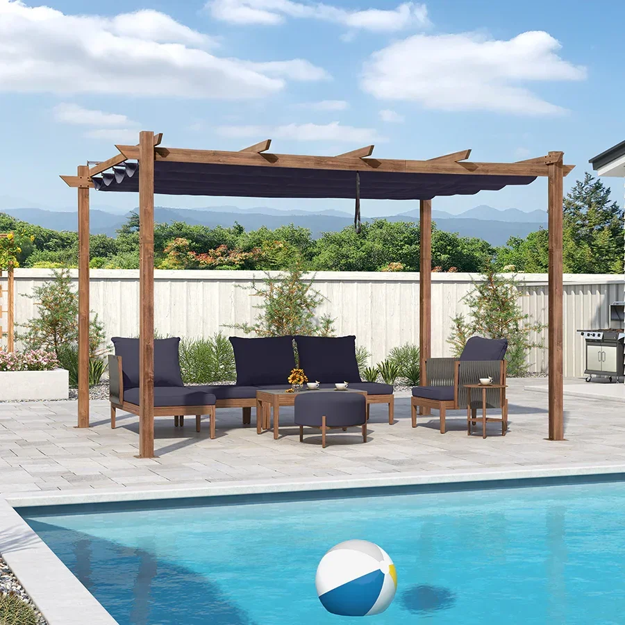 PURPLE LEAF Outdoor Retractable Pergola with Sun Shade Canopy Patio Metal Shelter for Garden Pavilion Natural Wood Grain Frame Grill Gazebo - Image 102