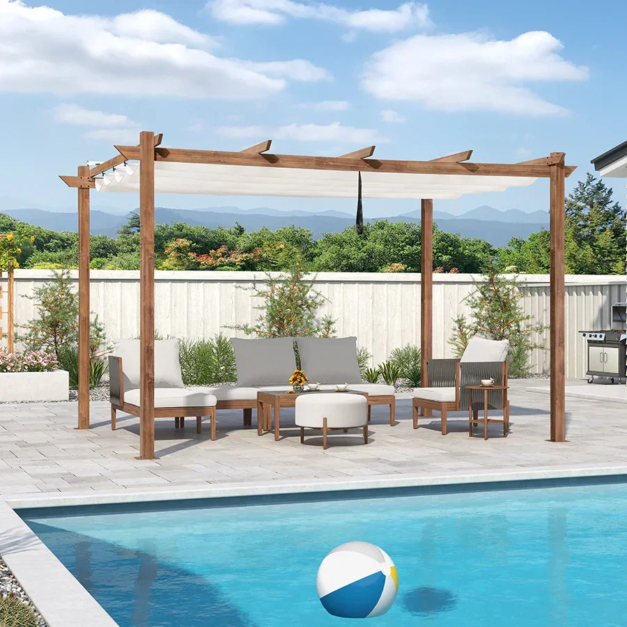 PURPLE LEAF Outdoor Retractable Pergola with Sun Shade Canopy Patio Metal Shelter for Garden Pavilion Natural Wood Grain Frame Grill Gazebo - Image 103