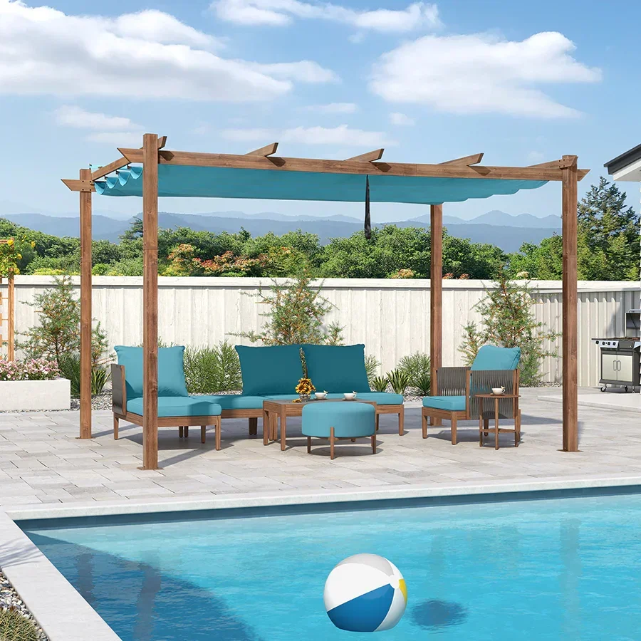 PURPLE LEAF Outdoor Retractable Pergola with Sun Shade Canopy Patio Metal Shelter for Garden Pavilion Natural Wood Grain Frame Grill Gazebo - Image 106