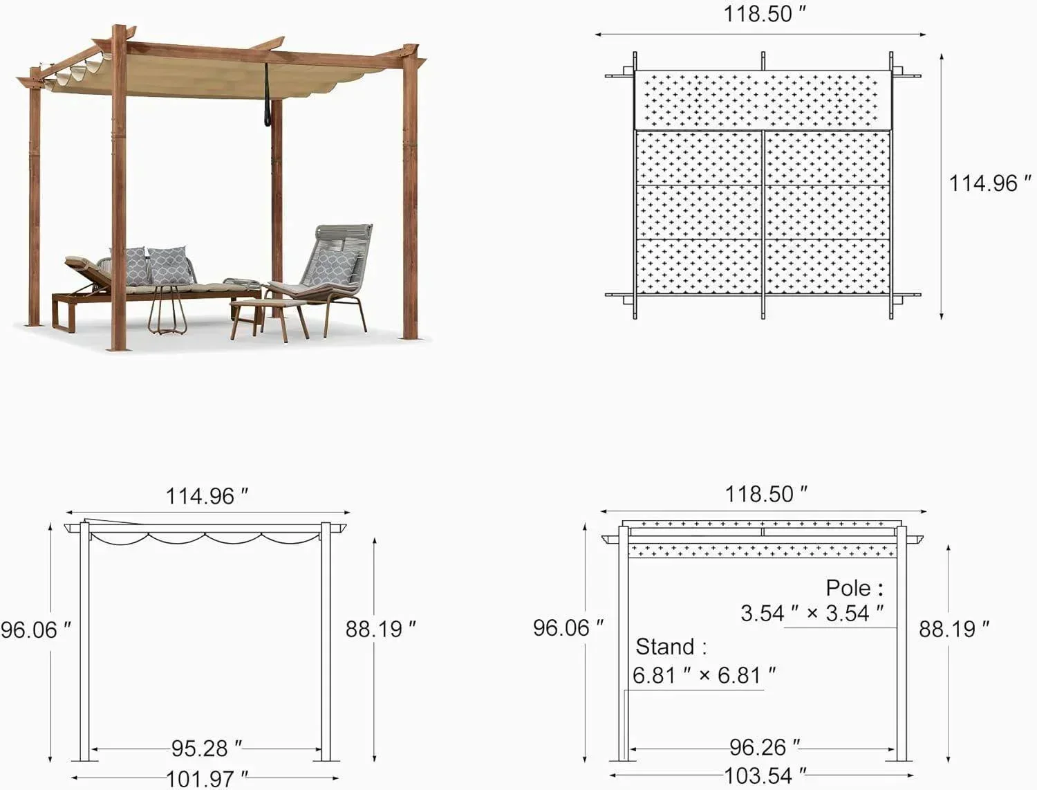 PURPLE LEAF Outdoor Retractable Pergola with Sun Shade Canopy Patio Metal Shelter for Garden Pavilion Natural Wood Grain Frame Grill Gazebo - Image 81