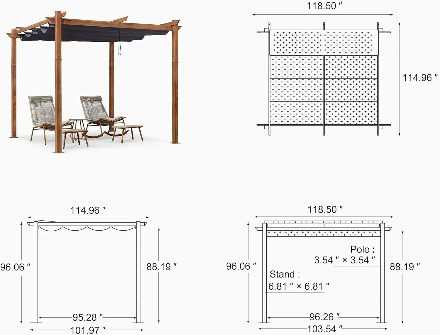 PURPLE LEAF Outdoor Retractable Pergola with Sun Shade Canopy Patio Metal Shelter for Garden Pavilion Natural Wood Grain Frame Grill Gazebo - Image 82