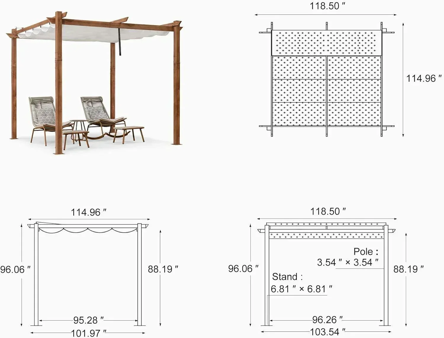 PURPLE LEAF Outdoor Retractable Pergola with Sun Shade Canopy Patio Metal Shelter for Garden Pavilion Natural Wood Grain Frame Grill Gazebo - Image 83