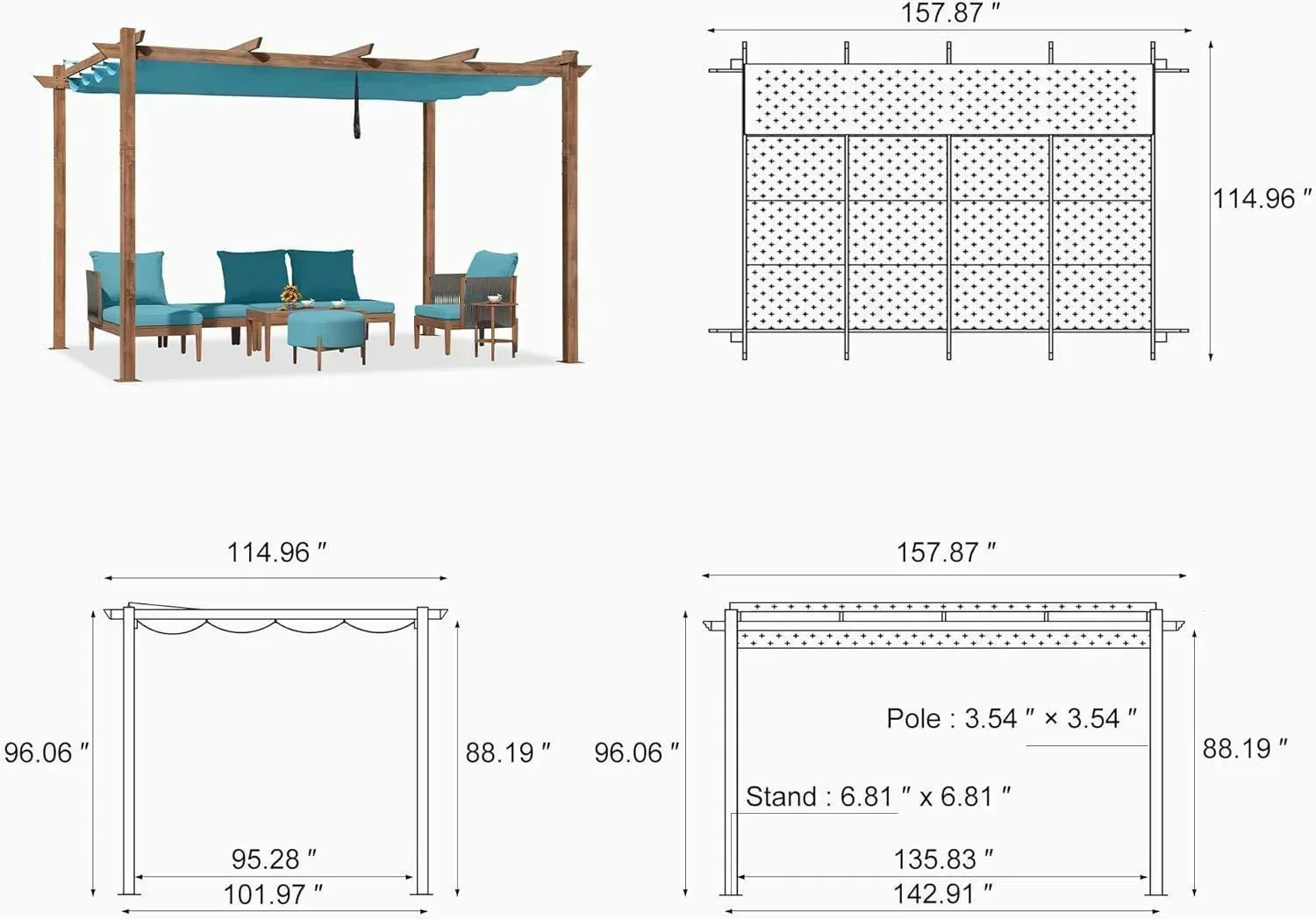 PURPLE LEAF Outdoor Retractable Pergola with Sun Shade Canopy Patio Metal Shelter for Garden Pavilion Natural Wood Grain Frame Grill Gazebo - Image 84