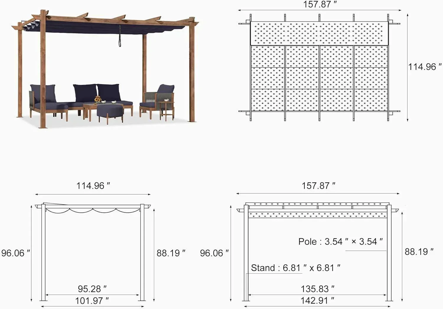PURPLE LEAF Outdoor Retractable Pergola with Sun Shade Canopy Patio Metal Shelter for Garden Pavilion Natural Wood Grain Frame Grill Gazebo - Image 87